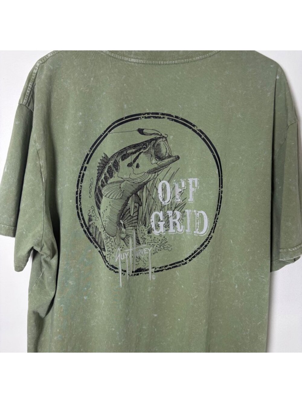 Guy Harvey Off Grid Bass Fishing T Shirt XXL Green Coastal Wash Vintage Style